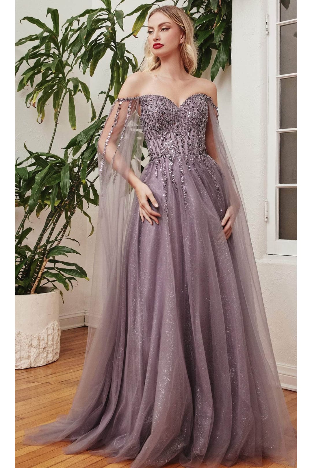 Ladivine CD0204 - Embellished Cape Sleeve Prom Dress - Prom