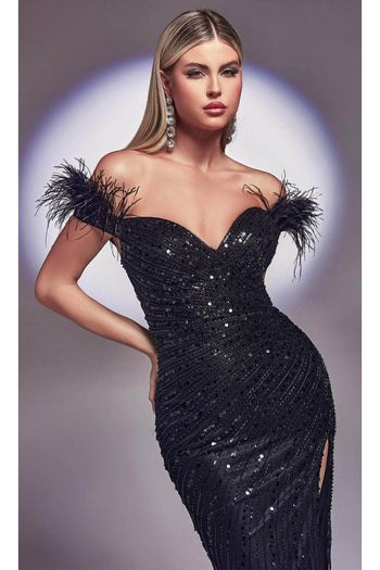 Ladivine CD0207 - Evening Dress with Feathered Sleeves - Prom