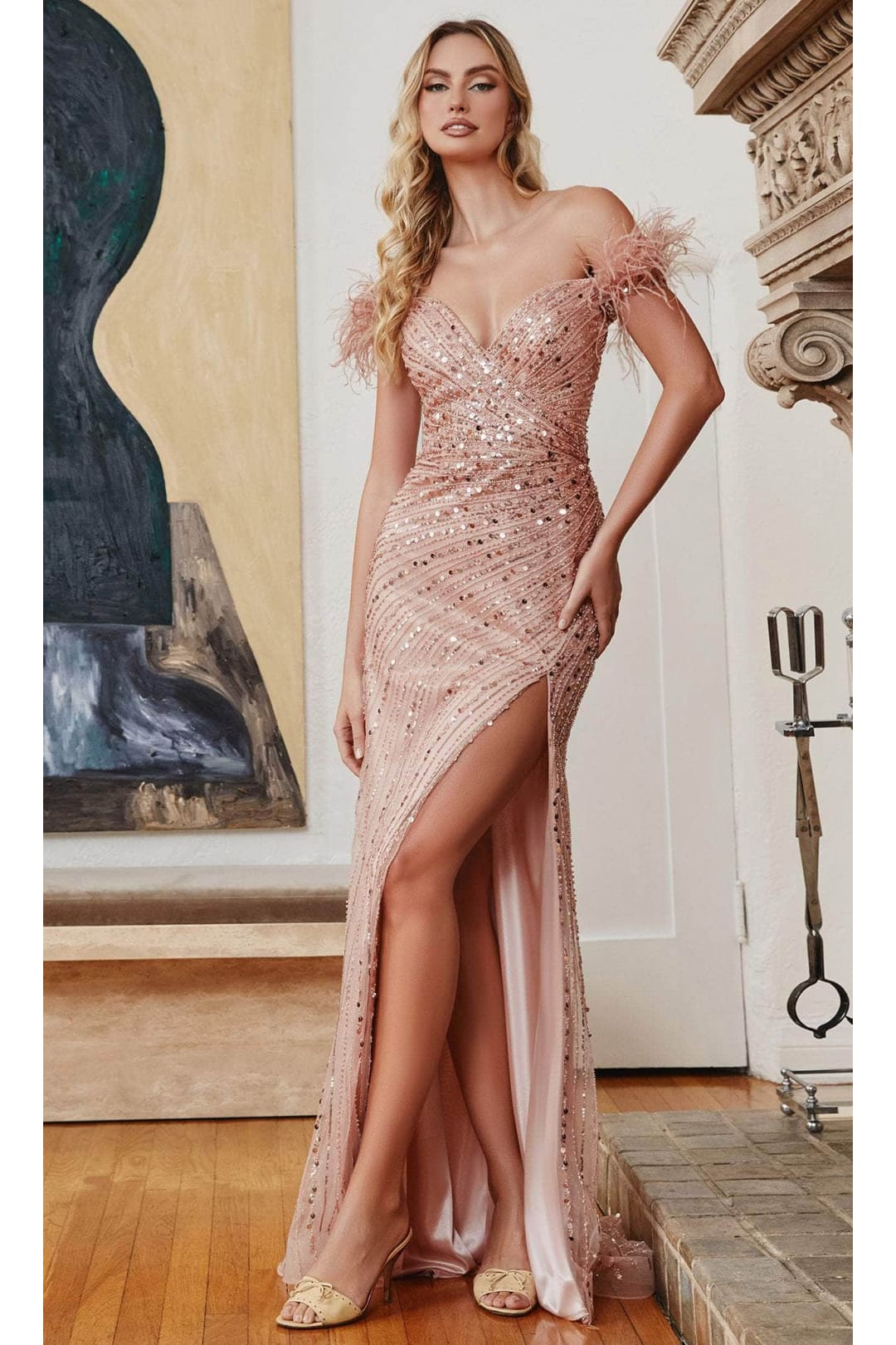 Ladivine CD0207 - Evening Dress with Feathered Sleeves - Prom