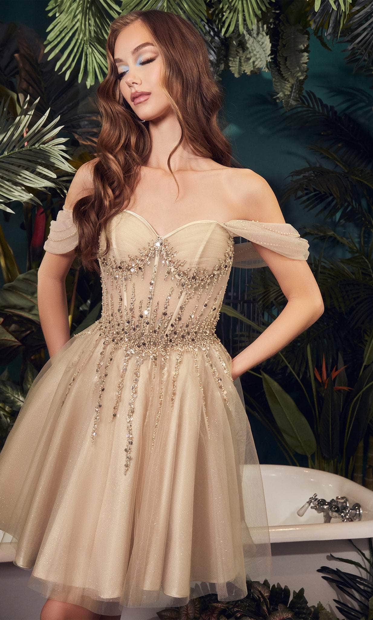Ladivine CD0211 - Off-Shoulder Corset Gown - Champagne / XXS - Prom