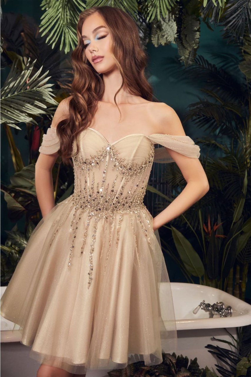 Ladivine CD0211 Off-Shoulder Glitter Homecoming Party Short Dress - CHAMPAGNE / XXS - Dress