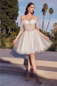 Ladivine CD0211 Off-Shoulder Glitter Homecoming Party Short Dress - OFF WHITE / XXS - Dress