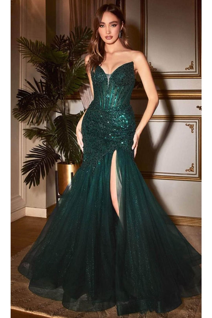 Ladivine CD0214 - Off-Shoulder Gown with Stones - Emerald / 4 - Prom