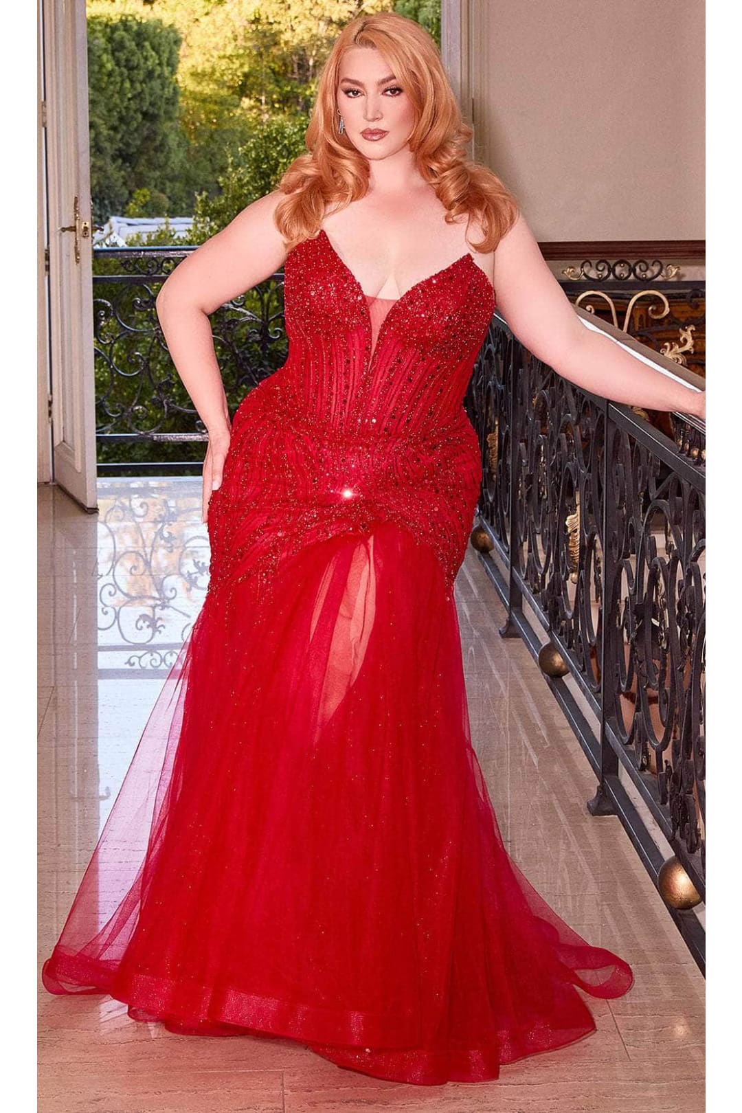 Ladivine CD0214C - V-Neck Mermaid Evening Gown - Red / 18 - Prom