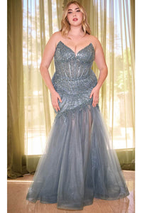 Ladivine CD0214C - V-Neck Mermaid Evening Gown - Smoky Blue / 18 - Prom