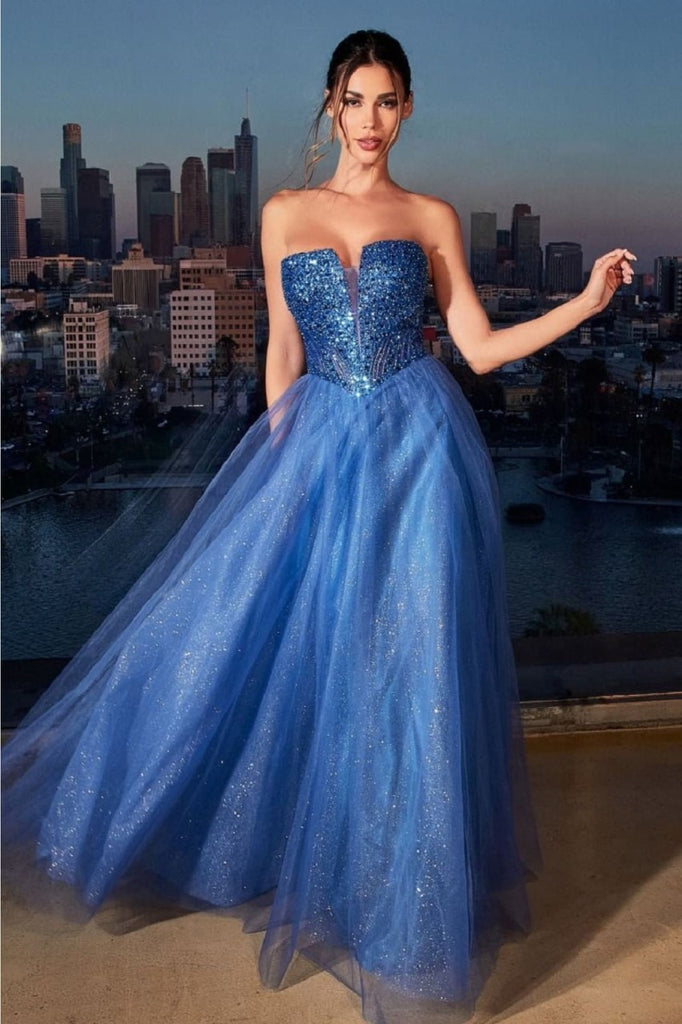 Ladivine CD0217 Corset Bodice Sequin A-Line Pageant Gown - DEEP BLUE / 4 - Dress