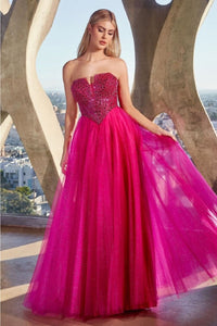 Ladivine CD0217 Corset Bodice Sequin A-Line Pageant Gown - MAGENTA / 4 - Dress