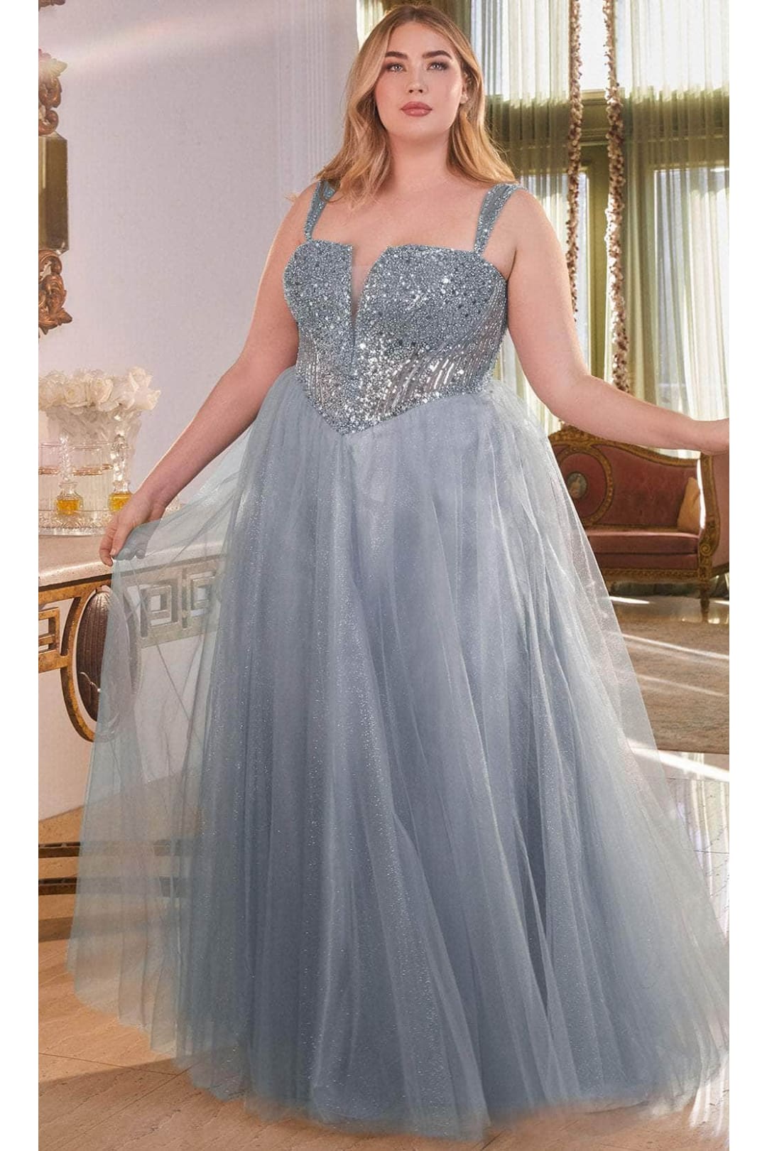 Ladivine CD0217 - Plunging V-Neck Basque Prom Dress - Prom