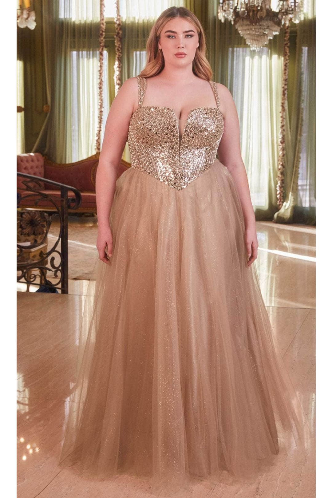 Ladivine CD0217 - Plunging V-Neck Basque Prom Dress - Prom