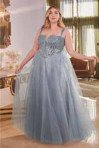 Ladivine CD0217C V-Neck Layered Glitter Plus Size Evening Gown - Dress