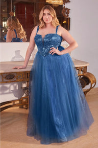 Ladivine CD0217C V-Neck Layered Glitter Plus Size Evening Gown - Dress