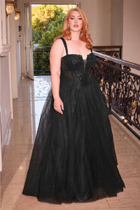 Ladivine CD0217C V-Neck Layered Glitter Plus Size Evening Gown - Dress