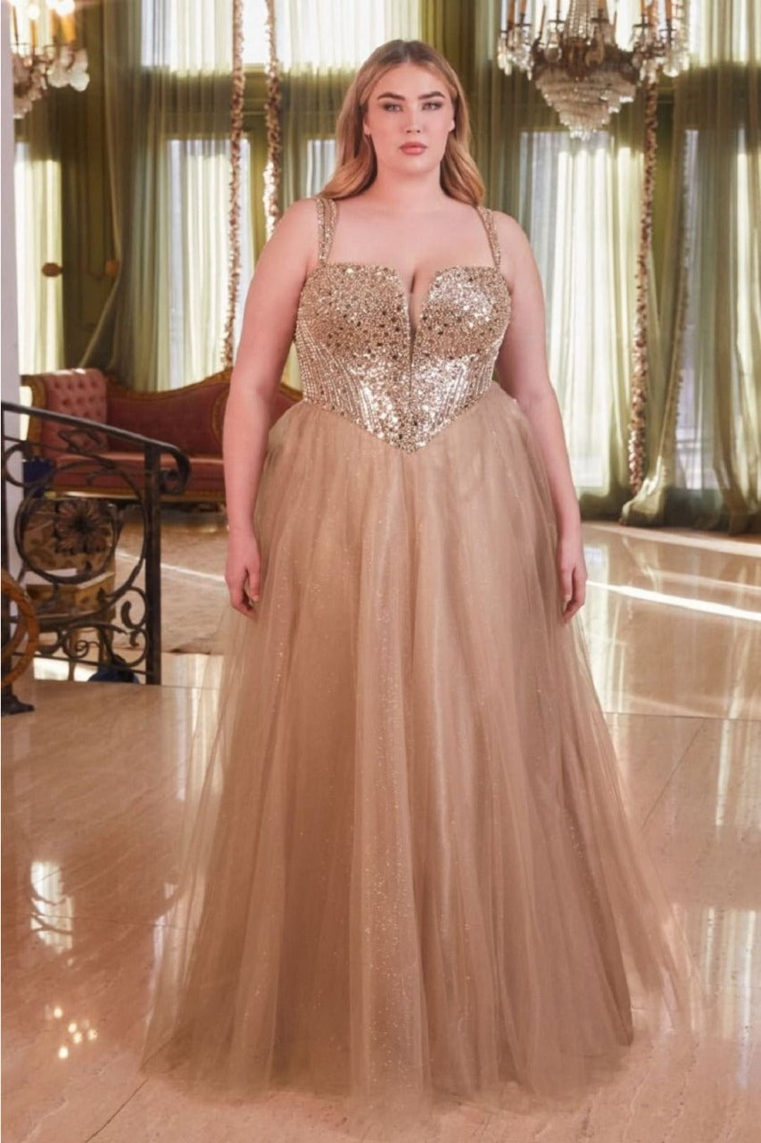 Ladivine CD0217C V-Neck Layered Glitter Plus Size Evening Gown - MOCHA GOLD / 18 - Dress