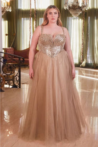 Ladivine CD0217C V-Neck Layered Glitter Plus Size Evening Gown - MOCHA GOLD / 18 - Dress