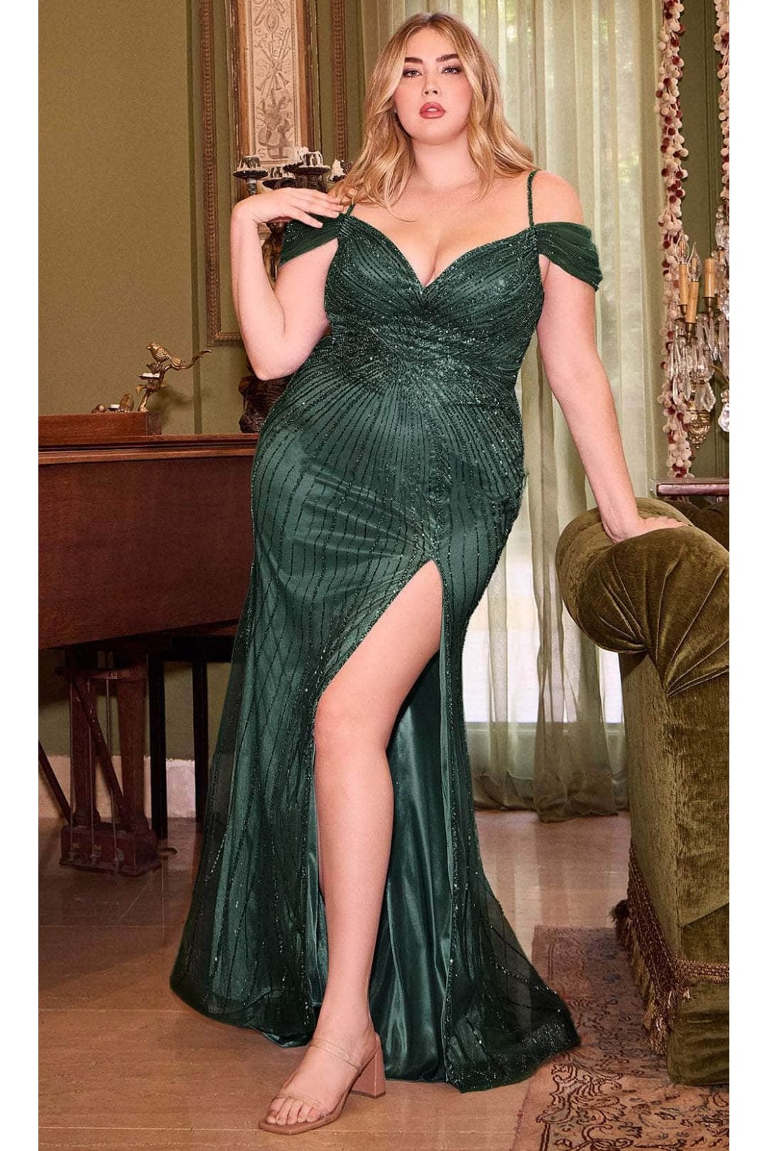 Ladivine CD0219C - Cold Shoulder V-Neck Gown - Emerald / 18 - Prom