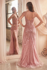 Ladivine CD0220 Spaghetti Strap Lattice Beaded Evening Gown - Dress