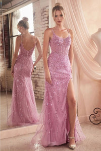 Ladivine CD0220 Spaghetti Strap Lattice Beaded Evening Gown - BLOSSOM PINK / 2 - Dress