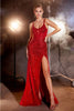 Ladivine CD0220 Spaghetti Strap Lattice Beaded Evening Gown - RED / 2 - Dress