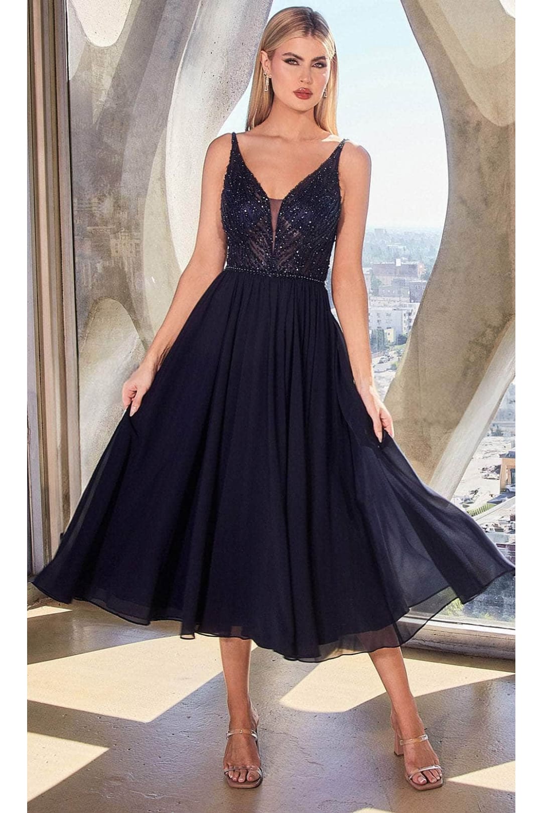 Ladivine CD0225 - Fitted Tea Length Eevening Gown - Prom