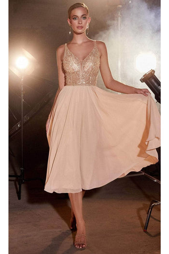 Ladivine CD0225 - Fitted Tea Length Eevening Gown - Champagne / 4 - Prom