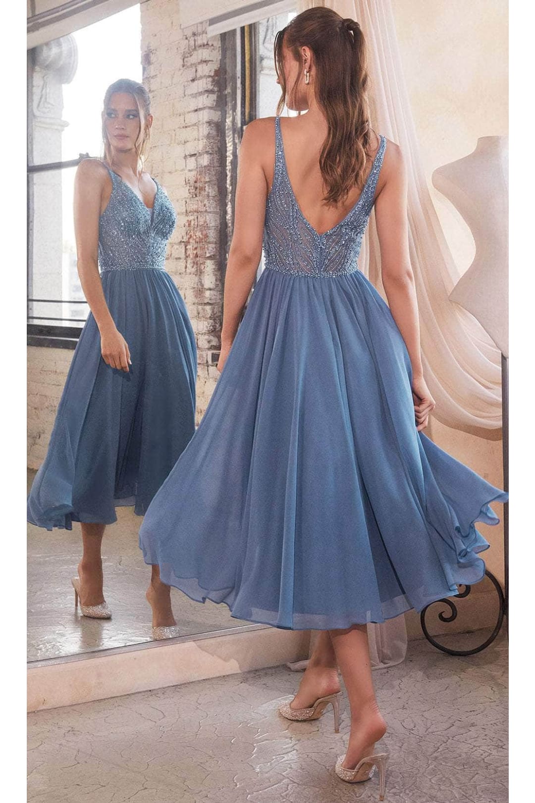 Ladivine CD0225 - Fitted Tea Length Eevening Gown - Smoky Blue / 4 - Prom