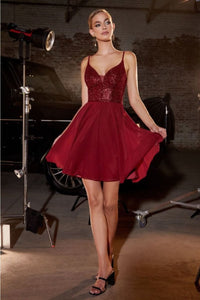 Ladivine CD0226 A-line Spaghetti Strap Chiffon Hoco Party Dress - BURGUNDY / 4 - Dress