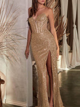 Ladivine CD0227 - Sequined V-Neck Prom Gown with Plunge