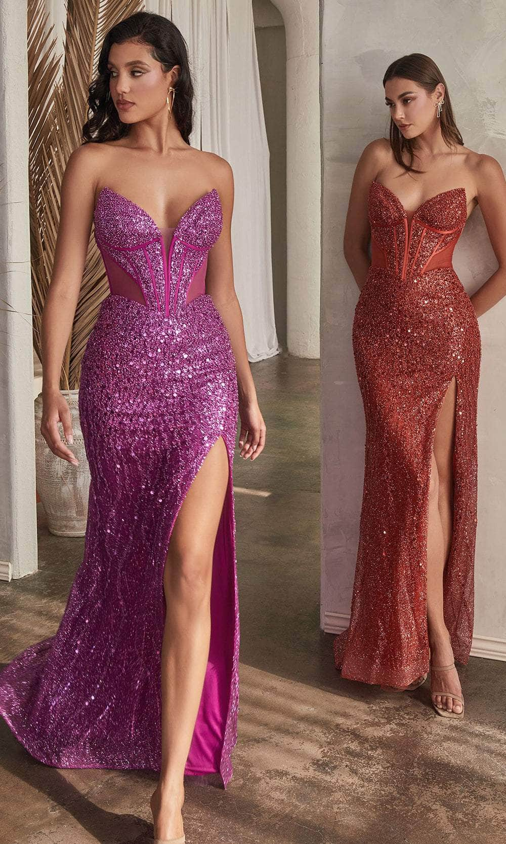 Ladivine CD0227 - Sequined V-Neck Prom Gown with Plunge - Prom