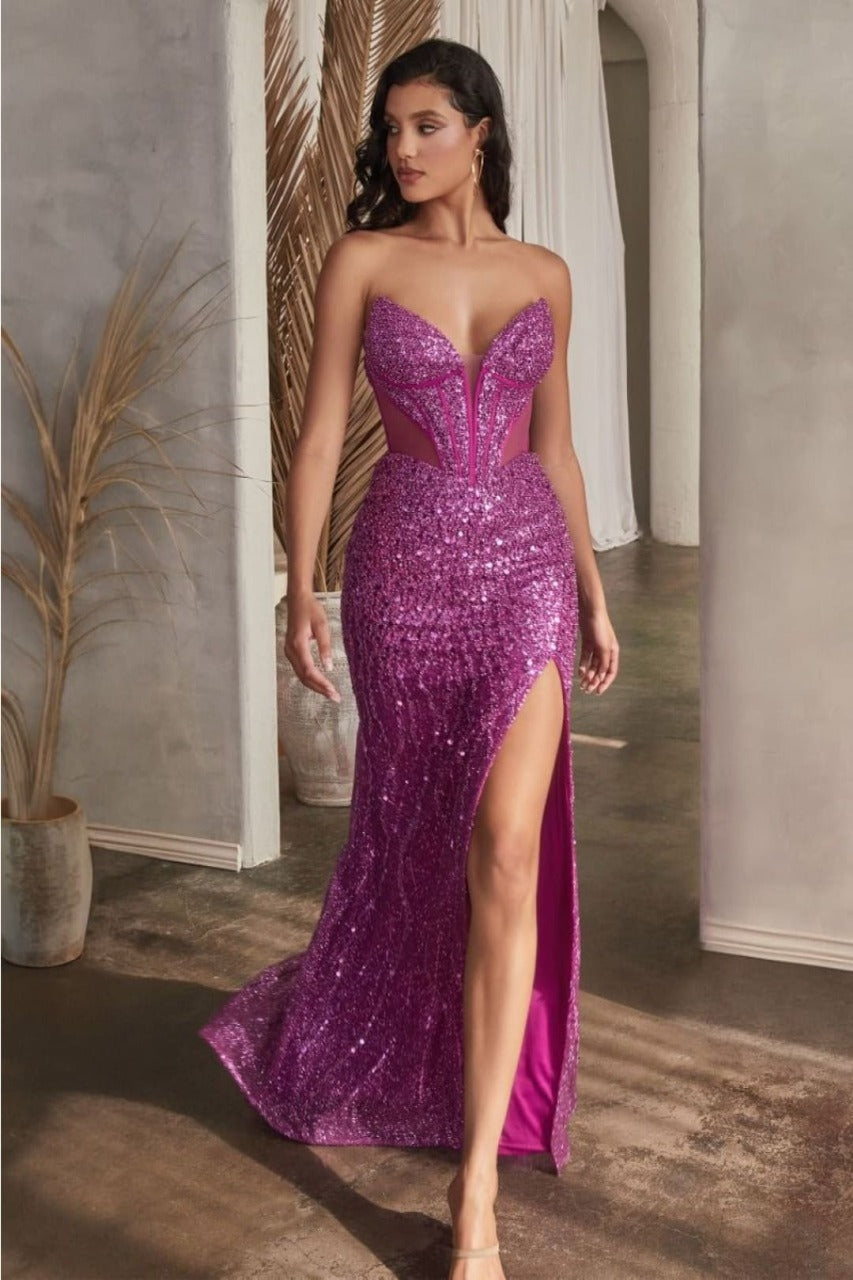 Ladivine CD0227 Strapless Side Cut-out Beaded Embellished Gown - AMETHYST / 2 Dress
