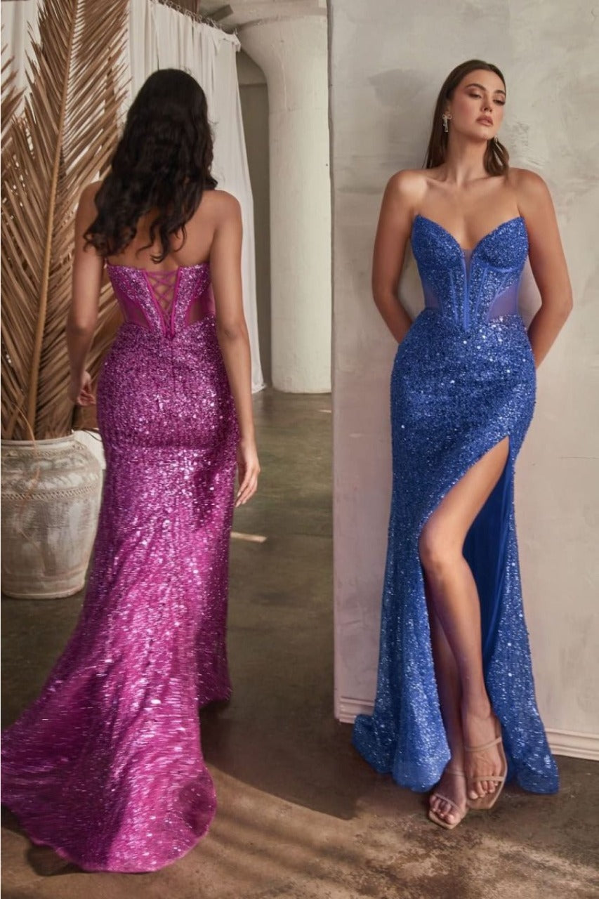 Ladivine CD0227 Strapless Side Cut-out Beaded Embellished Gown - DEEP BLUE / 2 Dress