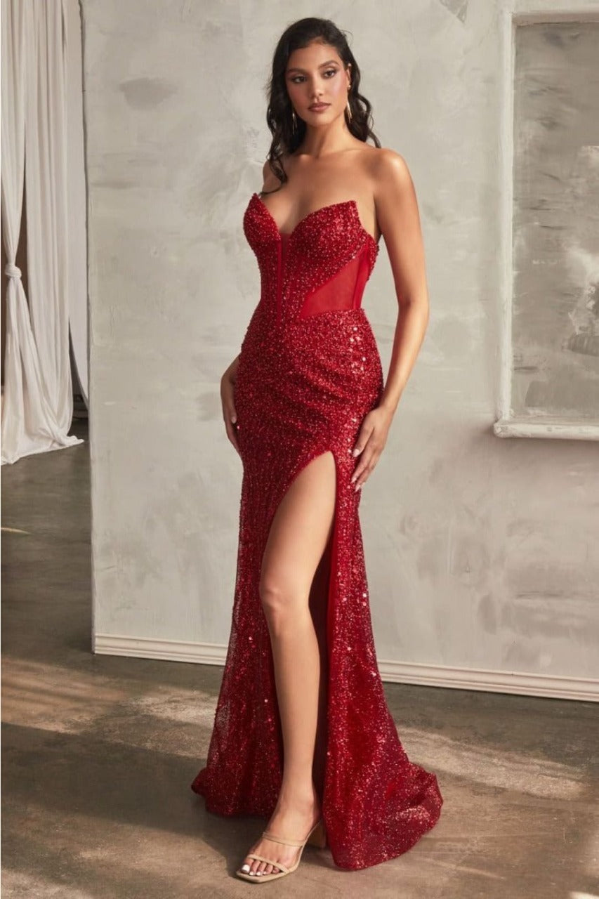 Ladivine CD0227 Strapless Side Cut-out Beaded Embellished Gown - RED / 2 Dress