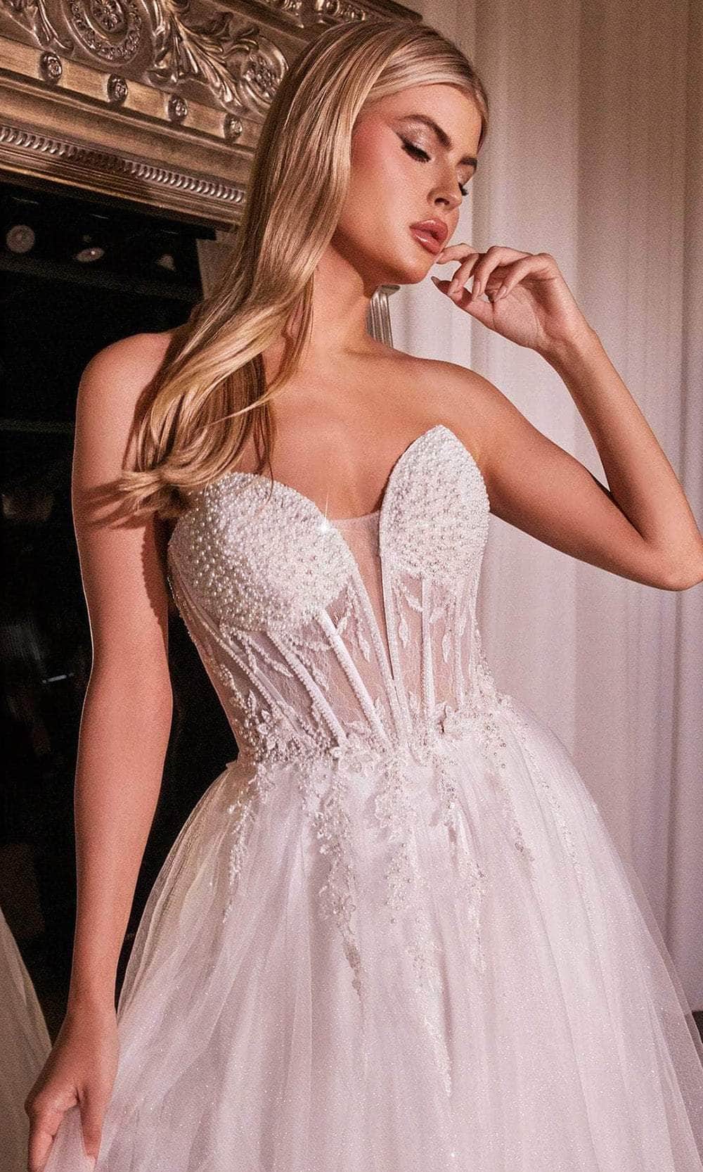 Ladivine CD0230W - Strapless V-Neck Bridal Dress - Off White / 2 - Prom