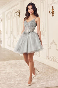 Ladivine CD0236 Sleeveless Glitter Hoco Dress W/ Ribbon Straps - SILVER / XXS - Dress