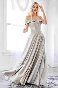 Ladivine CD162 - Off-Shoulder Metallic Slit Evening Gown - Prom