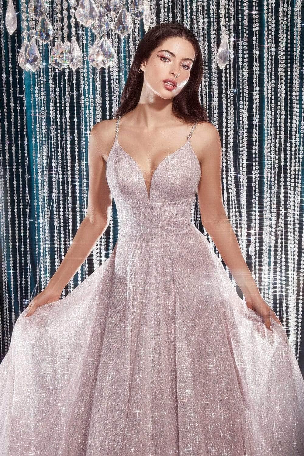 Ladivine CD205 - Glittering Deep V-Neck A-Line Dress - Prom