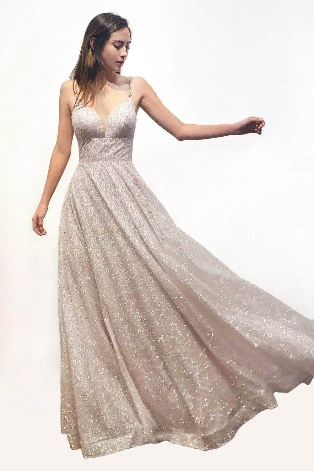 Ladivine CD205 - Glittering Deep V-Neck A-Line Dress - Prom