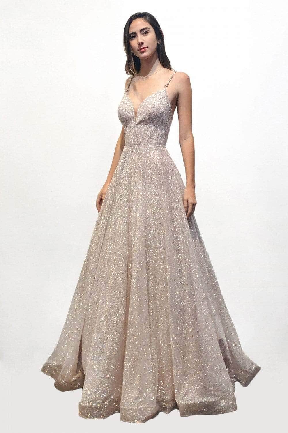 Ladivine CD205 - Glittering Deep V-Neck A-Line Dress - Prom