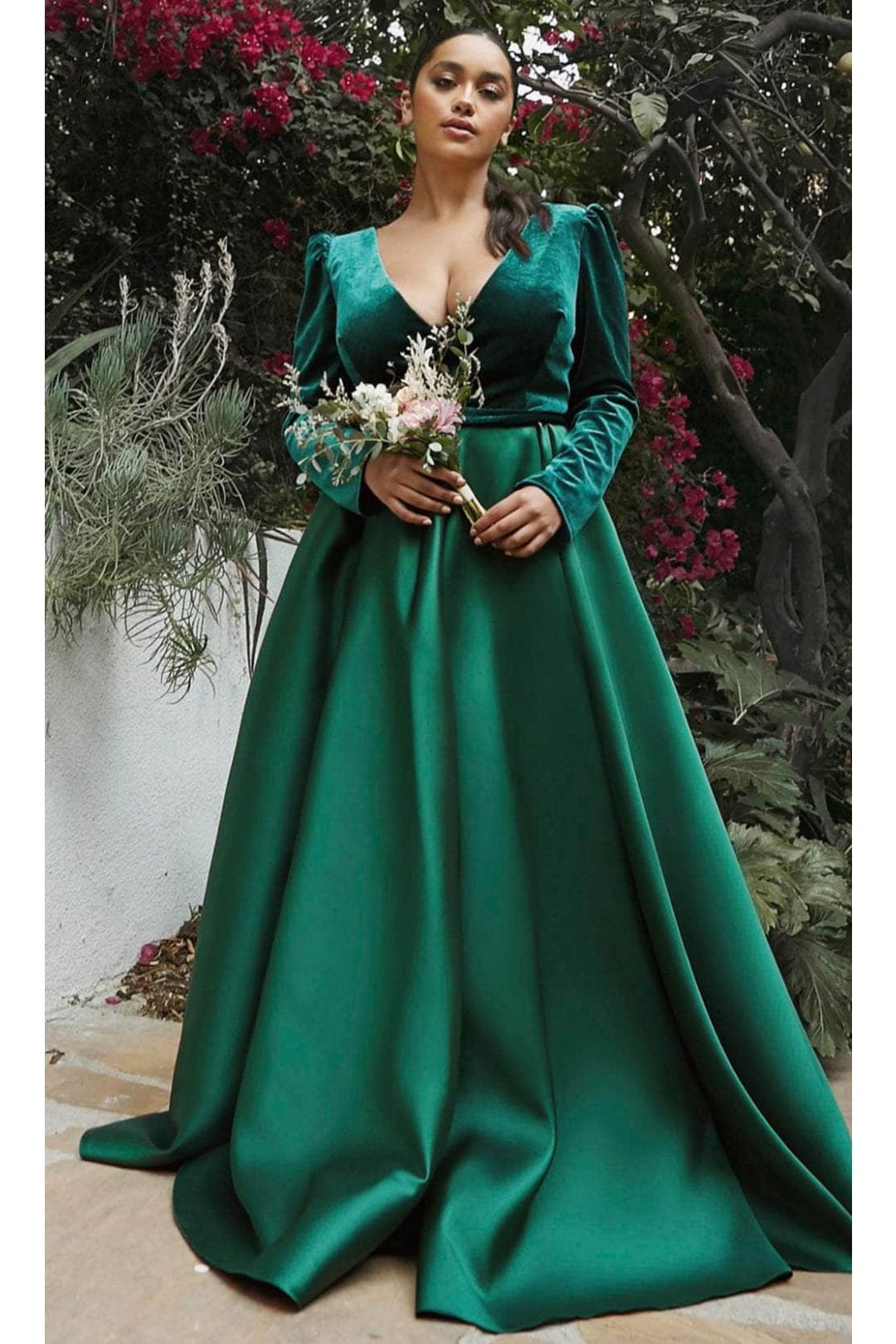 Ladivine CD226 - Pleated Gown with Puffed Sleeves - Prom