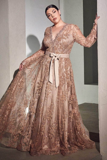 Ladivine CD233C - Long Sleeve A-Line Formal Gown - Prom