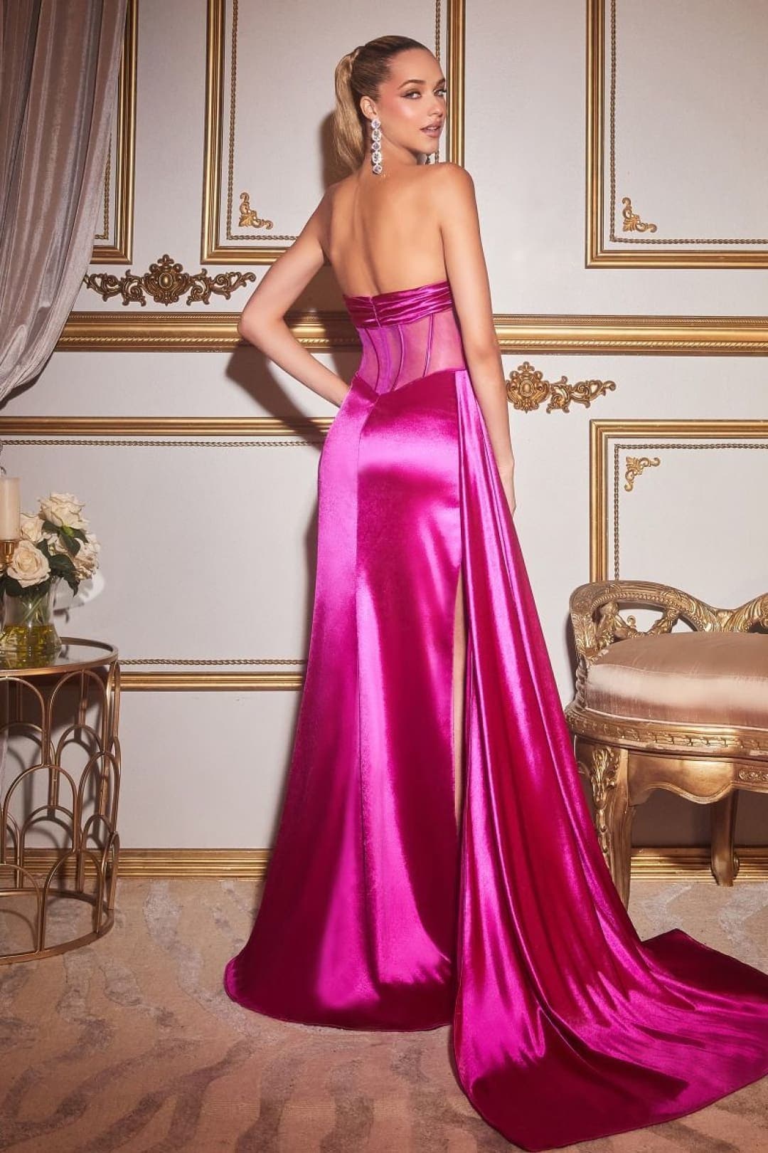 Ladivine CD269 Strapless Illusion Bustier Satin Prom Evening Gown - Dress