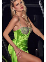 Ladivine CD286 - Bejeweled Sweetheart High Slit Gown