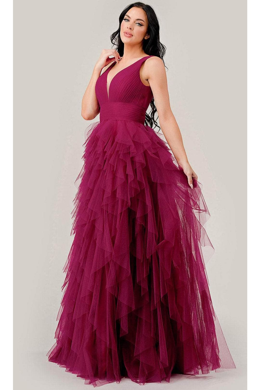 Ladivine CD347 - Ruched Prom Dress with Deep V-Neck - Prom