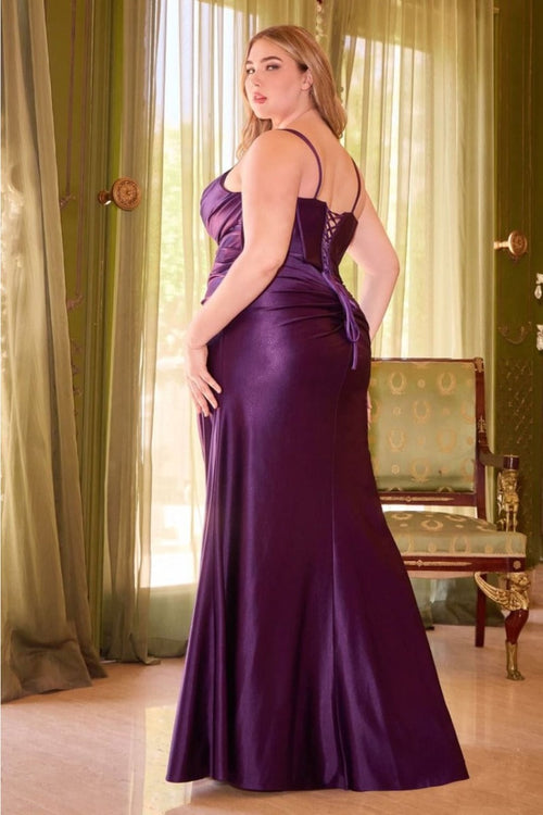 Ladivine CD349C Satin Beaded Bust Side Slit Formal Plus Size Dress - Dress