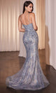 Ladivine by Cinderella Divine Dresses - Ladivine CD795 V-Neck Beaded Lace Prom Dress - Blue / 4 - Prom