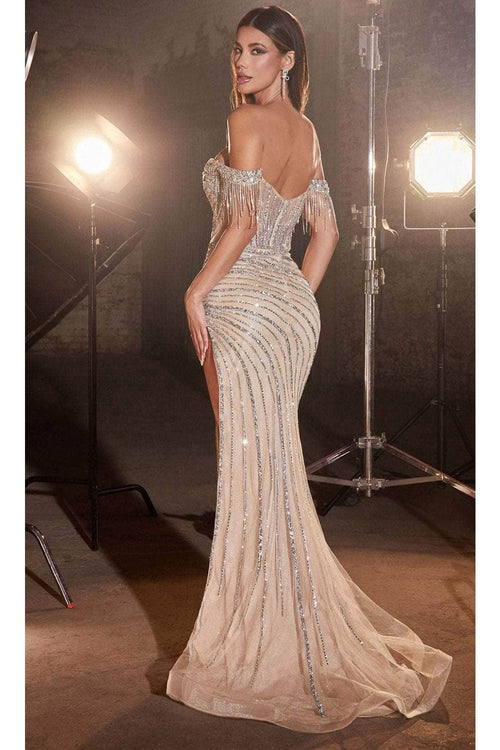 Ladivine CD848 - Off-Shoulder Fringed Prom Gown - Prom