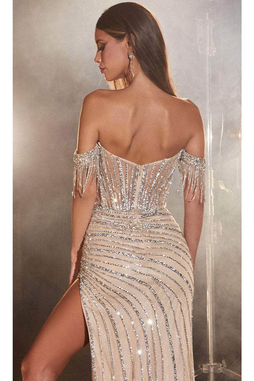 Ladivine CD848 - Off-Shoulder Fringed Prom Gown - Prom