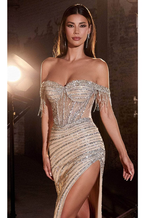 Ladivine CD848 - Off-Shoulder Fringed Prom Gown - Prom