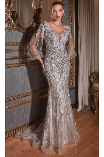Ladivine CD864 - Beaded Long Sleeve Evening Gown - Prom