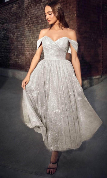 Ladivine CD869W - Off-Shoulder Tea-Length Dress - Off White / 8 - Prom