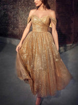 Ladivine CD870 - Off-Shoulder Tea-Length Gown